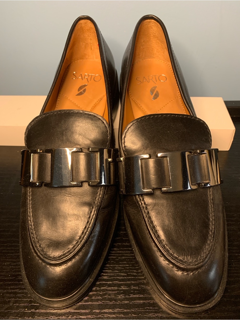 SARTO By Franco Sarto Black Leather Women's Loafers with Silver Chain Accent